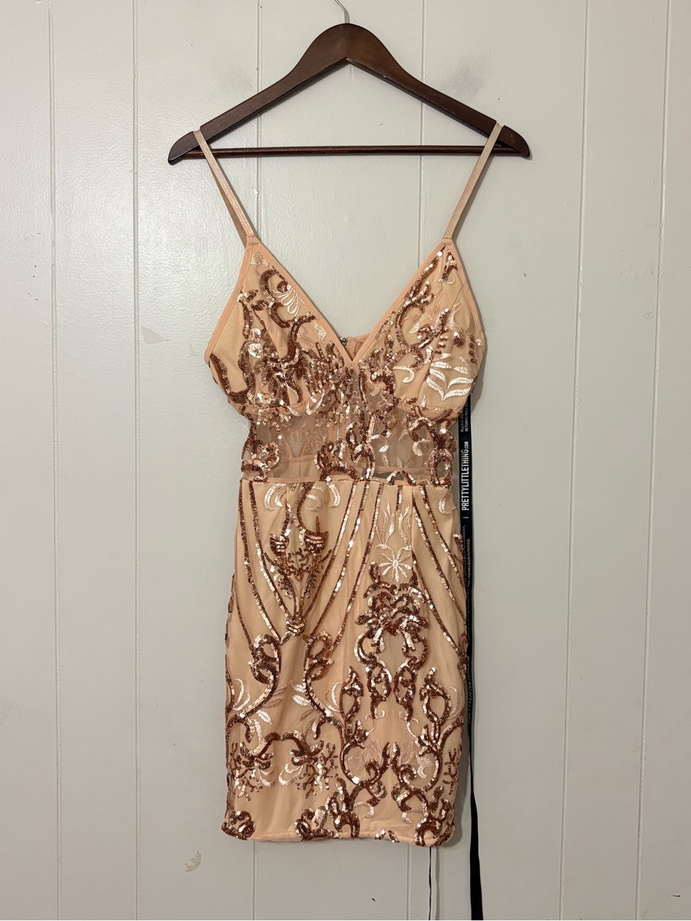 PrettyLittleThing Rose Gold Sequin Sheer Panel Bodycon Mini Dress Size 4 NWT